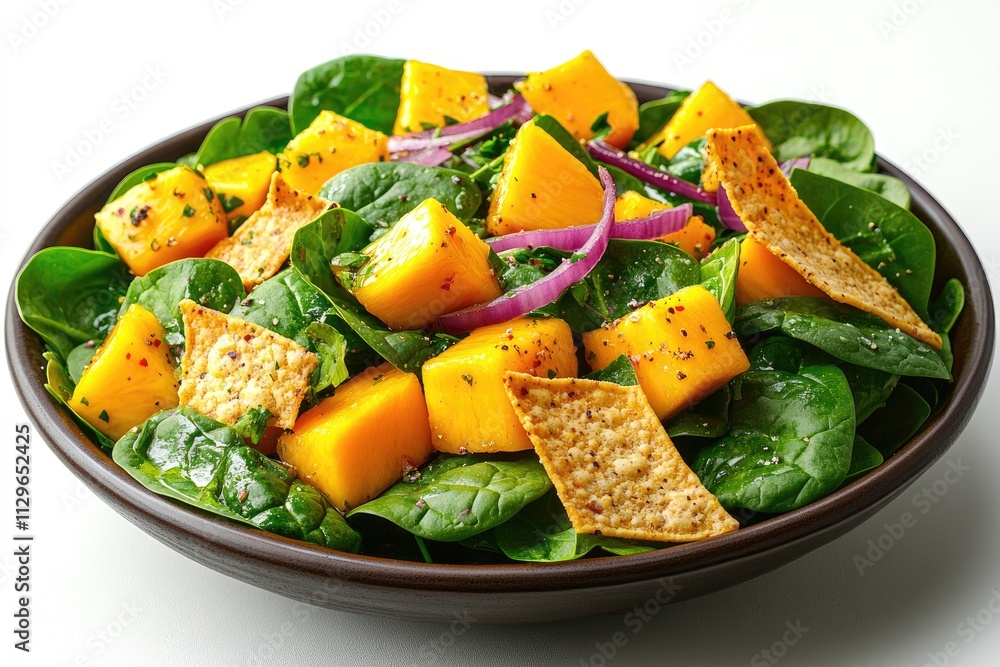 Fresh mango spinach salad with crispy tortilla chips and red onion Fresh mango spinach salad with crispy tortilla chips and red onion