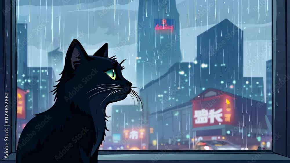 A black cat sits by a window, gazing at a rainy cityscape under neon lights at night, depicted in anime art style, video