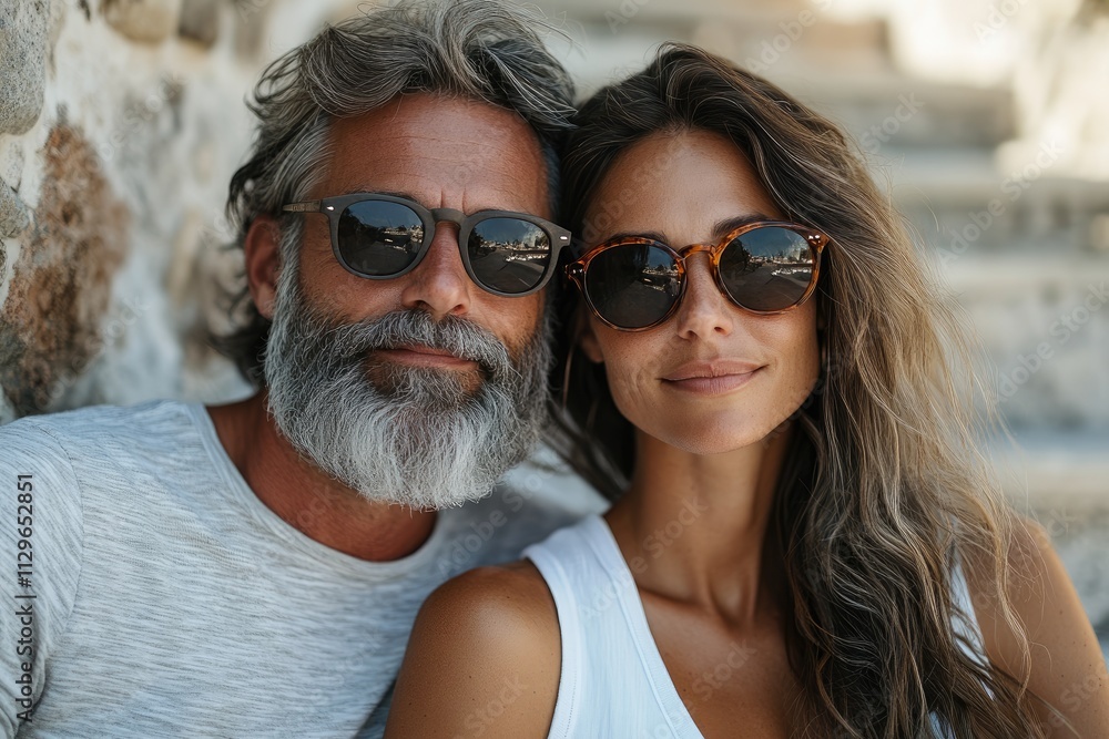 Happy mature couple wearing sunglasses posing together outdoors Happy mature couple wearing sunglasses posing together outdoors