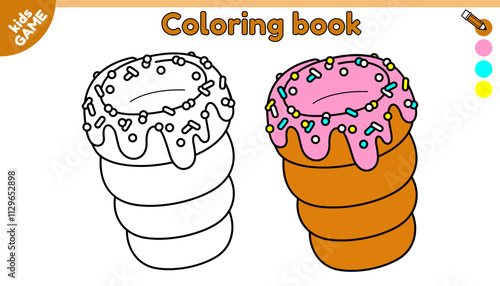 Kids coloring book. Trdelnik or trdlo is traditional Czech Christmas street food. Color the contour Xmas baked cinnamon roll in pink glaze. Activities page for children. Vector outline illustration.