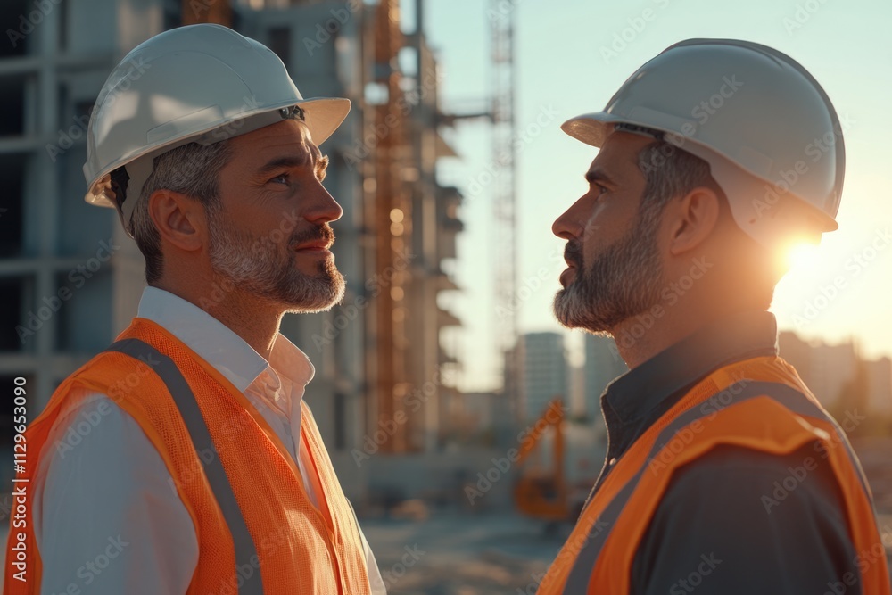 Engineers and architects collaborate at construction site. Engineers and architects collaborate at construction site.