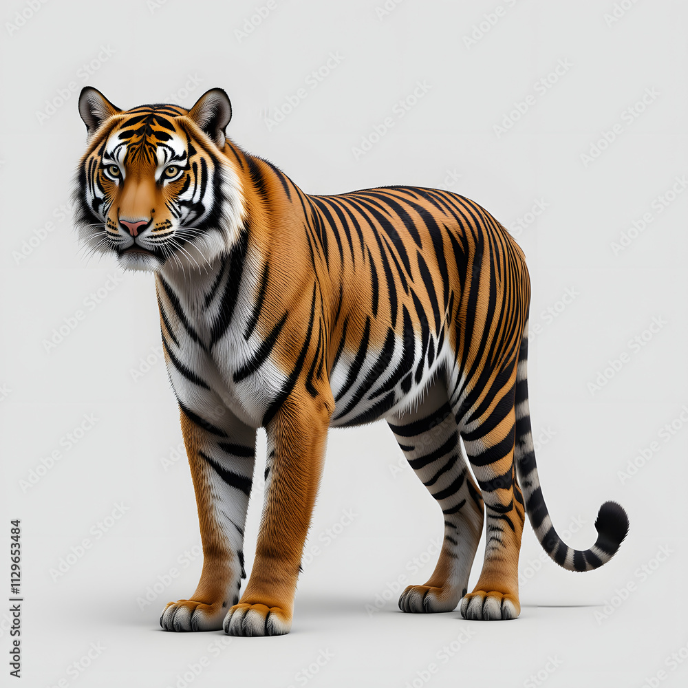 Obraz premium Tiger isolated on a white background, Side view, tiger standing full HD image generated by Ai. full body, realistic, full detail looking at the camera.