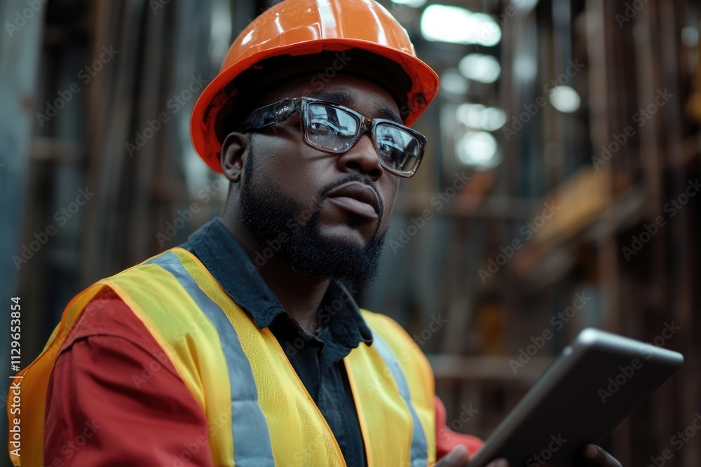 Portrait of African American civil engineer or construction worker holding tablet computer. Portrait of African American civil engineer or construction worker holding tablet computer.