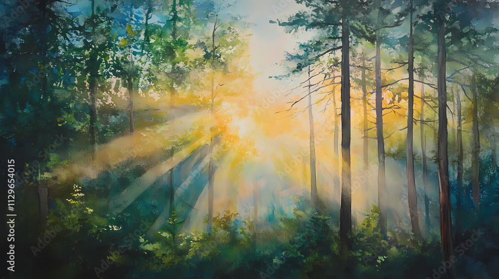 Fototapeta premium Serene forest awakening: sunlight filtering through lush trees. Serendipity. Illustration