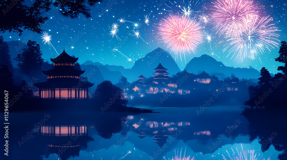 Serene night scene with fireworks over a tranquil lake and traditional pagoda. Serendipity. Illustration Serene night scene with fireworks over a tranquil lake and traditional pagoda. Serendipity. Illustration