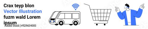 Person pointing towards wireless-enabled bus and shopping cart. Ideal for online shopping, e-commerce, transportation, technology, wireless communication. Banner for landing page