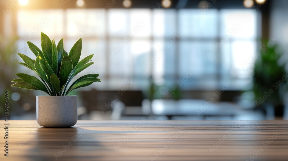A potted plant on a wooden table in an office space. A potted plant on a wooden table in an office space.