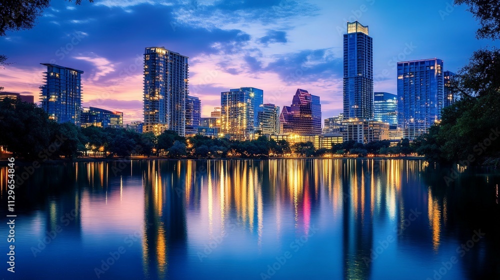 Obraz premium Twilight Cityscape, a vibrant skyline illuminated by twinkling lights, reflects in the tranquil water, showcasing the enchanting allure of urban nightlife.