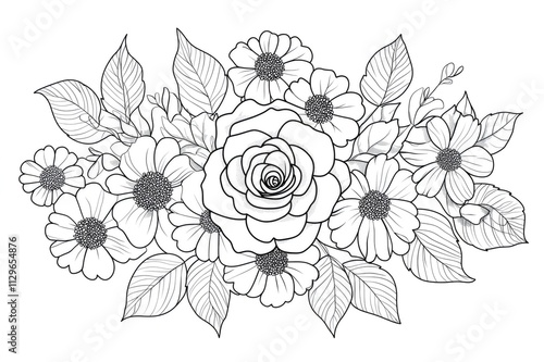 Intricate floral bouquet coloring page featuring roses, daisies, and leaves, perfect for relaxation and creative expression photo