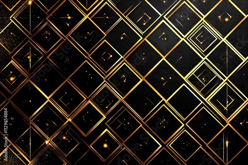 Abstract dark geometric background featuring glowing golden lines and sparkles, creating a modern, futuristic, and elegant design.