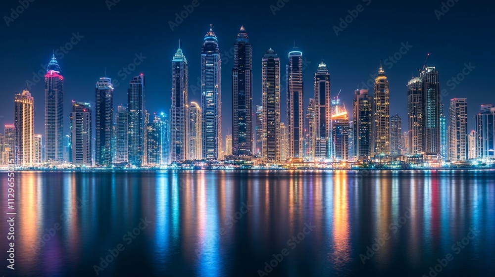 Fototapeta premium Twilight Cityscape, a vibrant skyline at dusk, shimmering lights reflecting on calm waters, showcasing the enchanting allure and energy of urban nightlife.