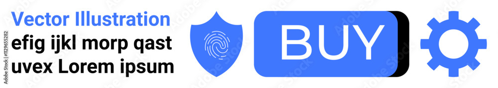 Blue shield with fingerprint, large blue BUY button in a rectangular frame, gear icon, and placeholder text. Ideal for digital security, online shopping, technology, user interface, website Blue shield with fingerprint, large blue BUY button in a rectangular frame, gear icon, and placeholder text. Ideal for digital security, online shopping, technology, user interface, website