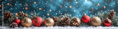 Christmas Ornaments Arrangement, Gold and Red Glossy Ornaments, Green Pine Cones on Twilight Sky Background, for Holiday Decorations