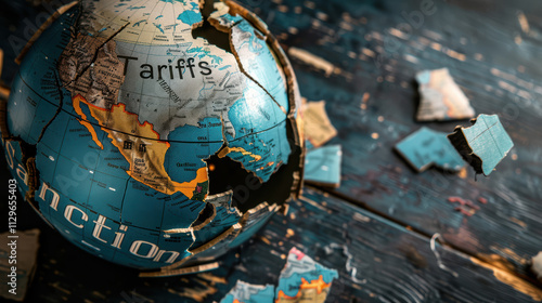 cracked globe with pieces labeled Tariffs and Sanctions symbolizes global trade challenges. fragmented map highlights economic tensions and geopolitical issues
