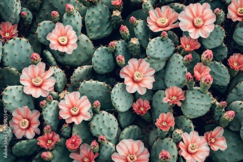 Close up of vibrant pink cactus flowers blooming on prickly pear cacti, forming a captivating natural pattern