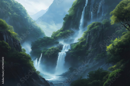 Multiple waterfalls cascading down rocky cliffs in a misty, vibrant green forest valley, creating a serene and breathtaking natural landscape