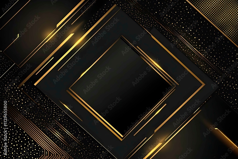 Abstract dark geometric background featuring glowing golden lines and sparkles, creating a modern, futuristic, and elegant design.