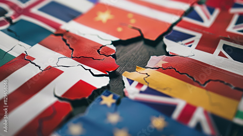 Torn flags representing international relations and trade agreements, symbolizing conflict and division among nations. image evokes sense of tension and uncertainty