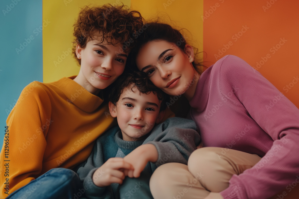 Portrait of a lesbian family with their little child on a colorful background Portrait of a lesbian family with their little child on a colorful background