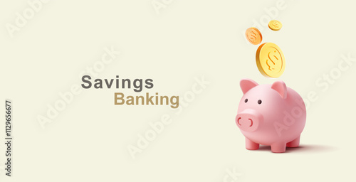 Piggy bank, coins, 3D. Realistic modern concept for banking, business, and charity. Vector illustration.