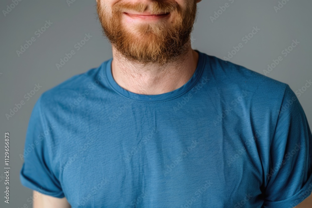 Close up portrait of smiling handsome guy in blue t shirt isolated on gray background Close up portrait of smiling handsome guy in blue t shirt isolated on gray background