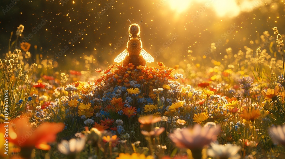 Magical bee perched atop colorful wildflowers at sunset. Magical bee perched atop colorful wildflowers at sunset.