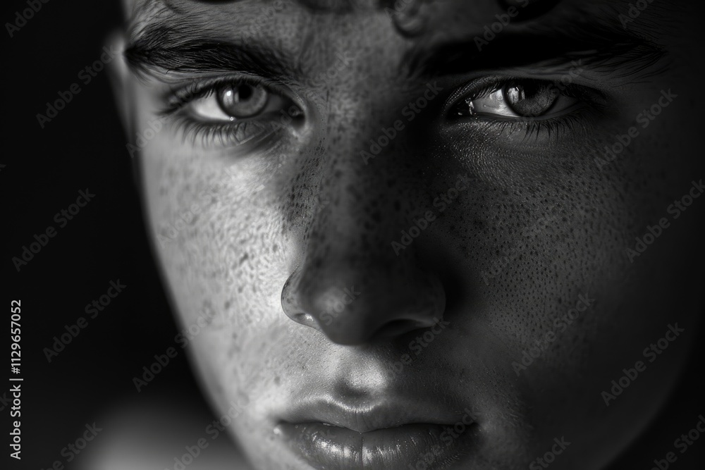 Naklejka premium Close up portrait of young man. Black and white.
