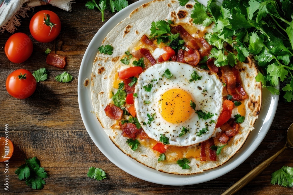 Plate with a quesadilla topped with fried egg bacon and cheese viewed from above Plate with a quesadilla topped with fried egg bacon and cheese viewed from above