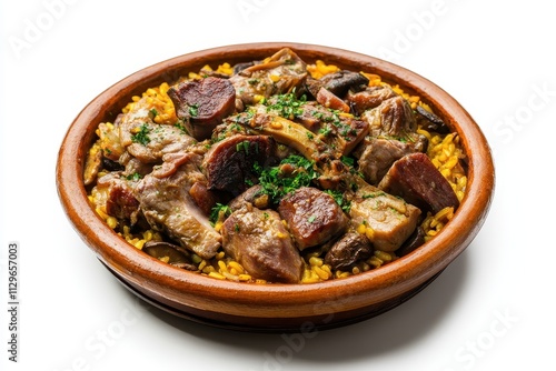 Plate of mountain paella with mushrooms and pig s feet on a white background photo