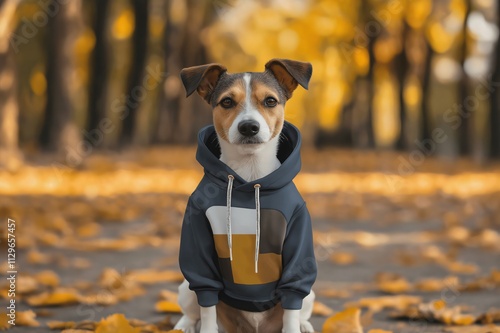 Jack Russell terrier dog wearing a custom designed hoodie sits in a park during autumn, surrounded by fallen leaves photo