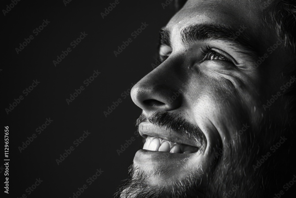 Close up of young confident and happy man low key black and white Close up of young confident and happy man low key black and white