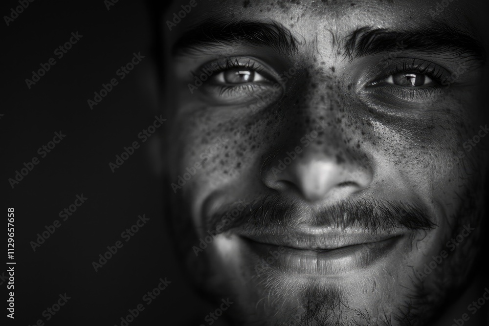 Close up of young confident and happy man low key black and white Close up of young confident and happy man low key black and white