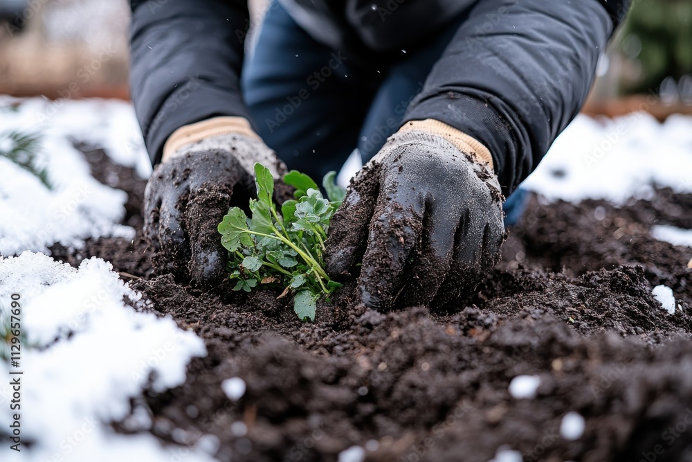 A person gently plants a young green plant in the soil while surrounded by snow, highlighting the contrast of nature’s growth and winter's chill in the garden. A person gently plants a young green plant in the soil while surrounded by snow, highlighting the contrast of nature’s growth and winter's chill in the garden.