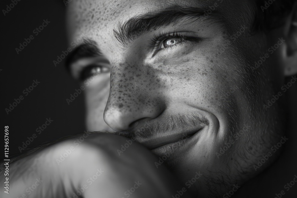 Close up of young smiling man resting chin on palm low key black and white Close up of young smiling man resting chin on palm low key black and white
