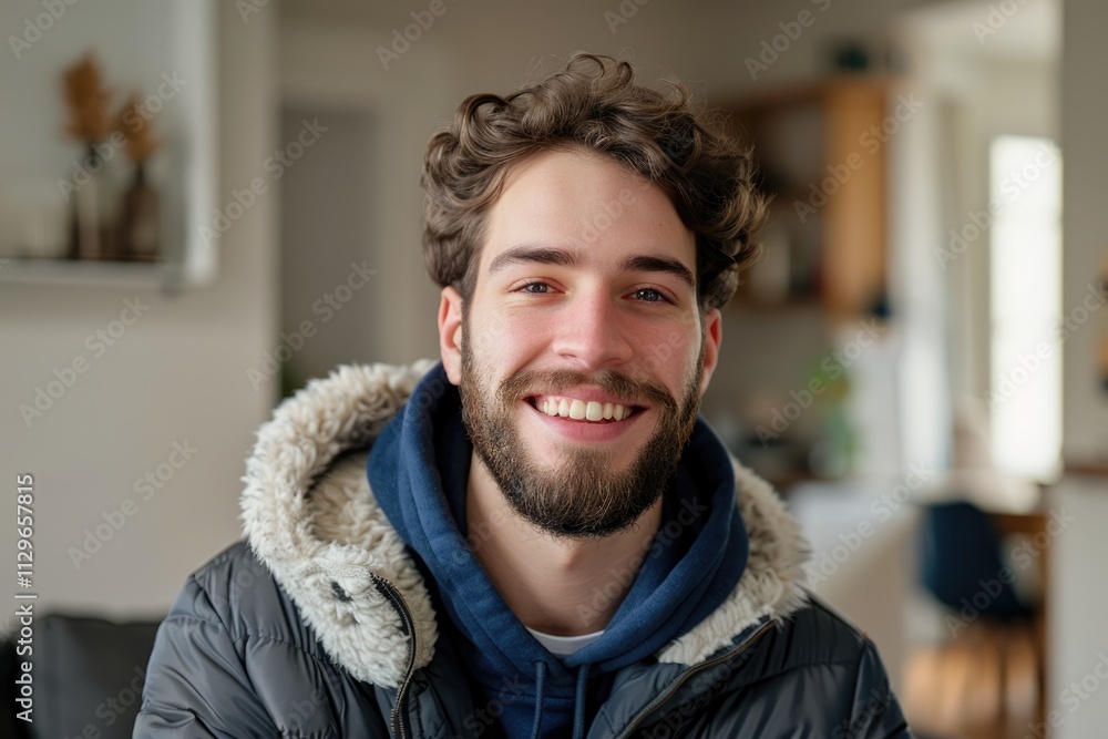 Close up portrait of bearded biracial smiling young man wearing jacket in living room copy space Close up portrait of bearded biracial smiling young man wearing jacket in living room copy space