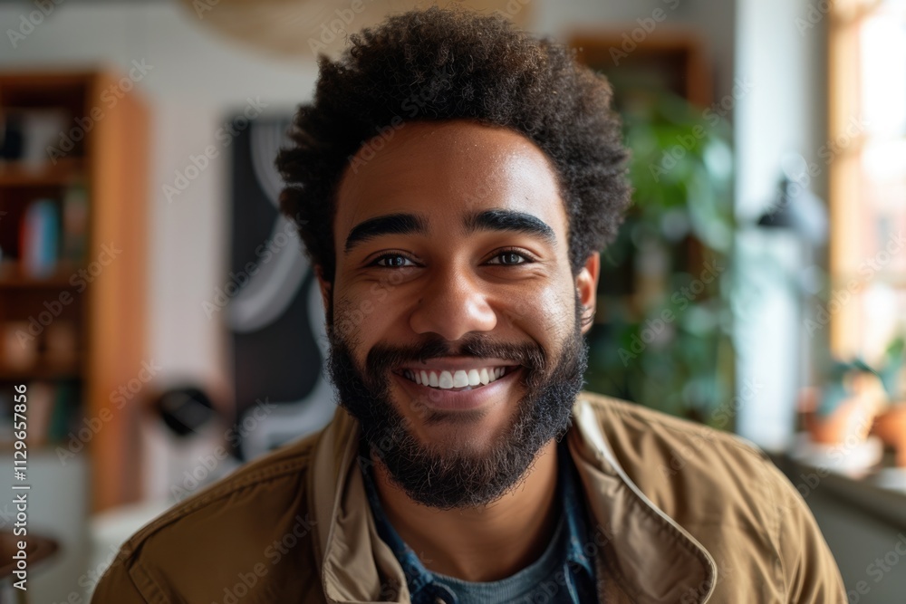 Close up portrait of bearded biracial smiling young man wearing jacket in living room copy space Close up portrait of bearded biracial smiling young man wearing jacket in living room copy space