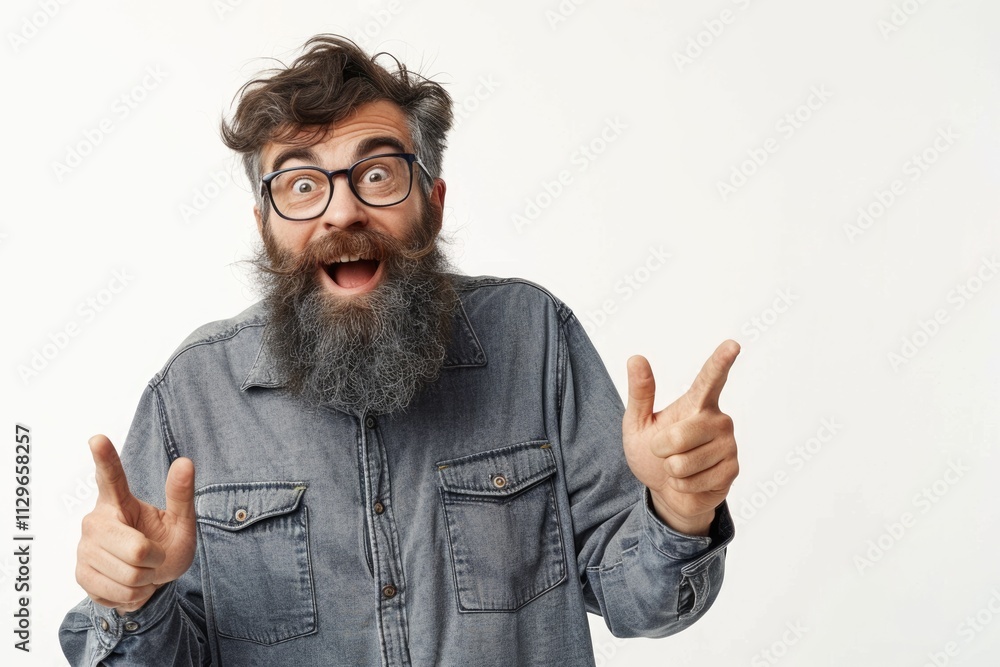 Excited man in glasses pointing to copy space. Excited man in glasses pointing to copy space.