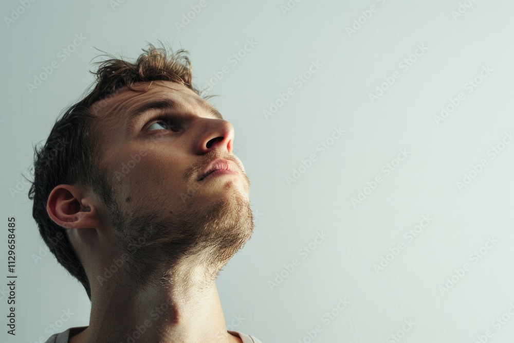 Obraz premium Man looking up on a white background