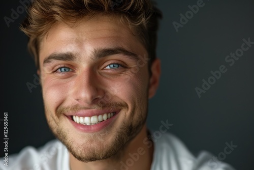 Smiling young Caucasian man in horizontal portrait with copy space.