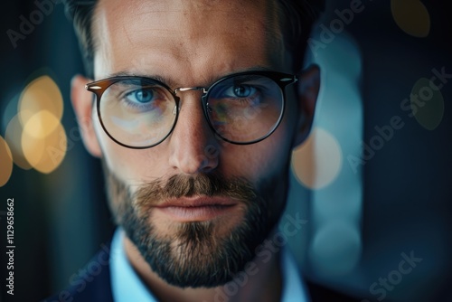 Portrait of attractive businessman in eyeglasses looking at camera