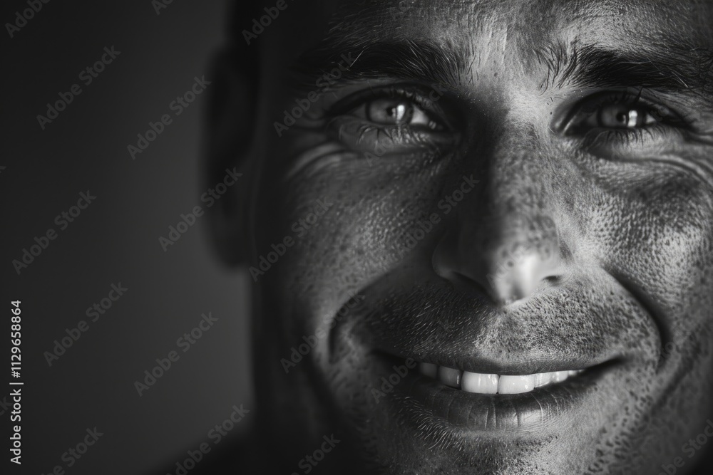 Smiling man close up portrait against dark grey background. Black and white image. Smiling man close up portrait against dark grey background. Black and white image.