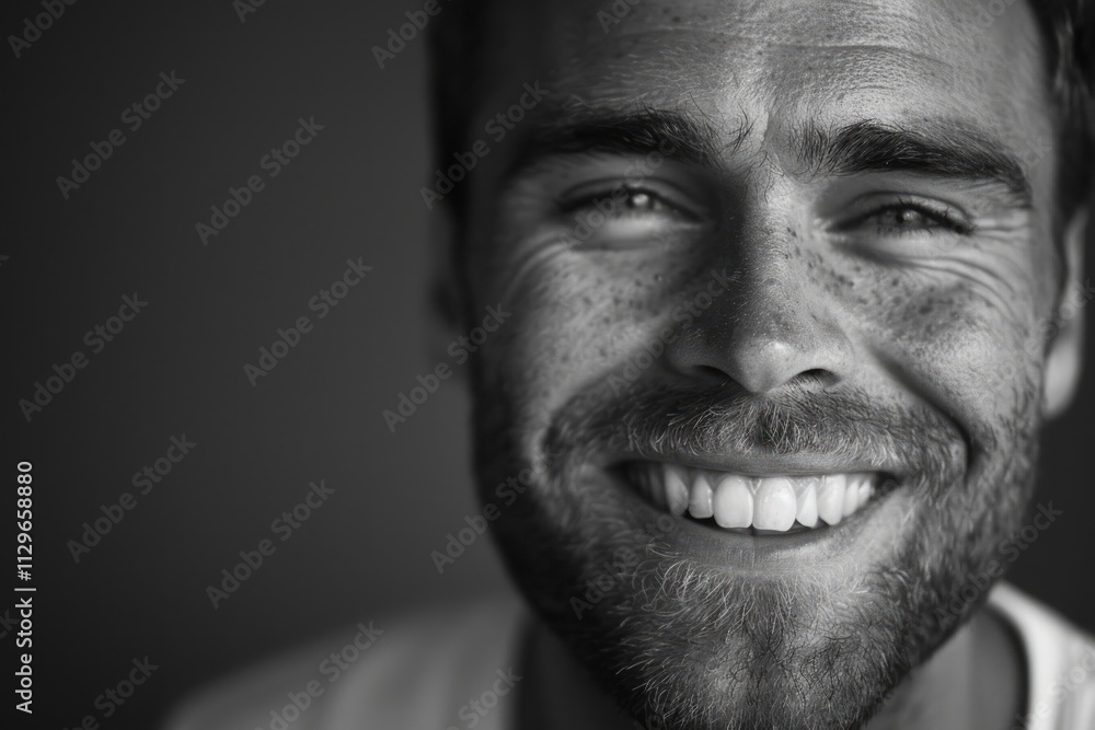 Smiling man close up portrait against dark grey background. Black and white image. Smiling man close up portrait against dark grey background. Black and white image.