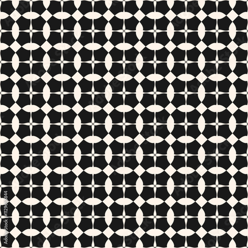 Abstract black and white geometric ornament. Simple vector seamless pattern with flower silhouettes, grid, lattice, checkered tiles. Modern oriental style background. Monochrome texture, geo design