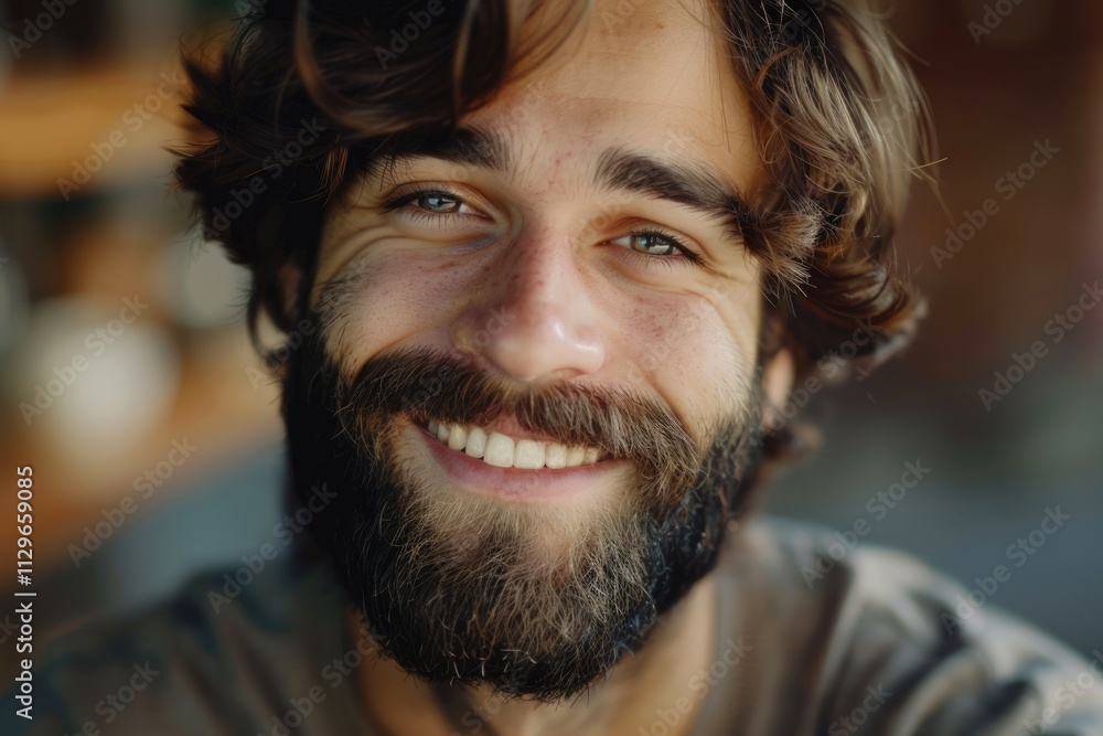 Bearded man smiling happily at girlfriend with dark eyes. Bearded man smiling happily at girlfriend with dark eyes.