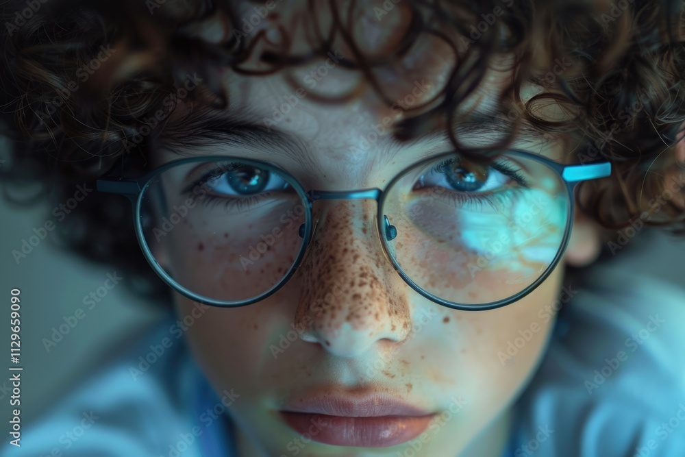 Close up portrait of teen boy with curly hair and glasses. Close up portrait of teen boy with curly hair and glasses.