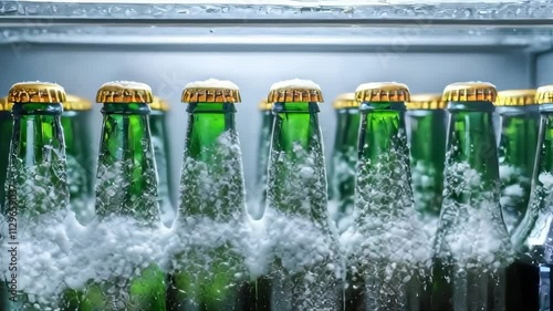 Refreshing frost-covered beer bottles chill in a refrigerator, ready to quench your thirst. Great for beverage, food, and lifestyle projects.. AI Generation