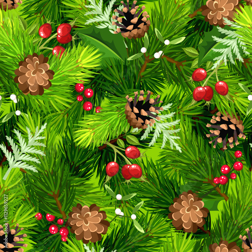 Christmas seamless background with fir branches, pine cones, and holly. Vector Christmas pattern