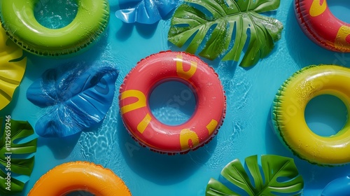 Top view of colorful inflatable ring toy in swimming pool water from above, Generative Ai.