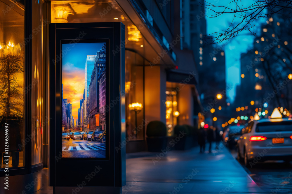 Modern digital signage showcasing a vibrant cityscape at dusk, illuminating a bustling street with cars and blurred pedestrians Modern digital signage showcasing a vibrant cityscape at dusk, illuminating a bustling street with cars and blurred pedestrians