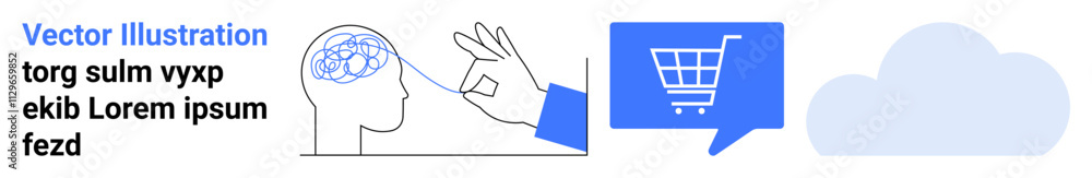 Icons of hand with brain, shopping cart in chat bubble, and cloud. Ideal for technology, e-commerce, psychology, cloud computing, digital marketing, web design, and data analysis. Landing page Icons of hand with brain, shopping cart in chat bubble, and cloud. Ideal for technology, e-commerce, psychology, cloud computing, digital marketing, web design, and data analysis. Landing page